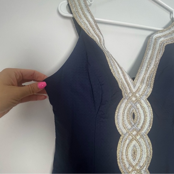 Lilly Pulitzer Women's Valli Shift Dress True Navy Silver Gold Cross Neck Size 2 - Picture 3 of 10
